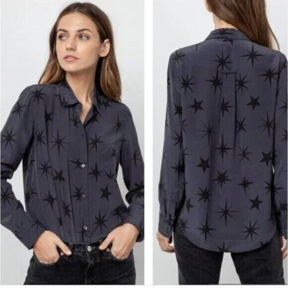Rails Kate Navy Black Star Print Silk Long Sleeve Button Up Shirt Blouse Size XS - Picture 1 of 9